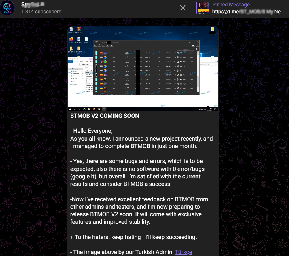 Figure 2 – BTMOB RAT announcement on the SpySolr Telegram Channel