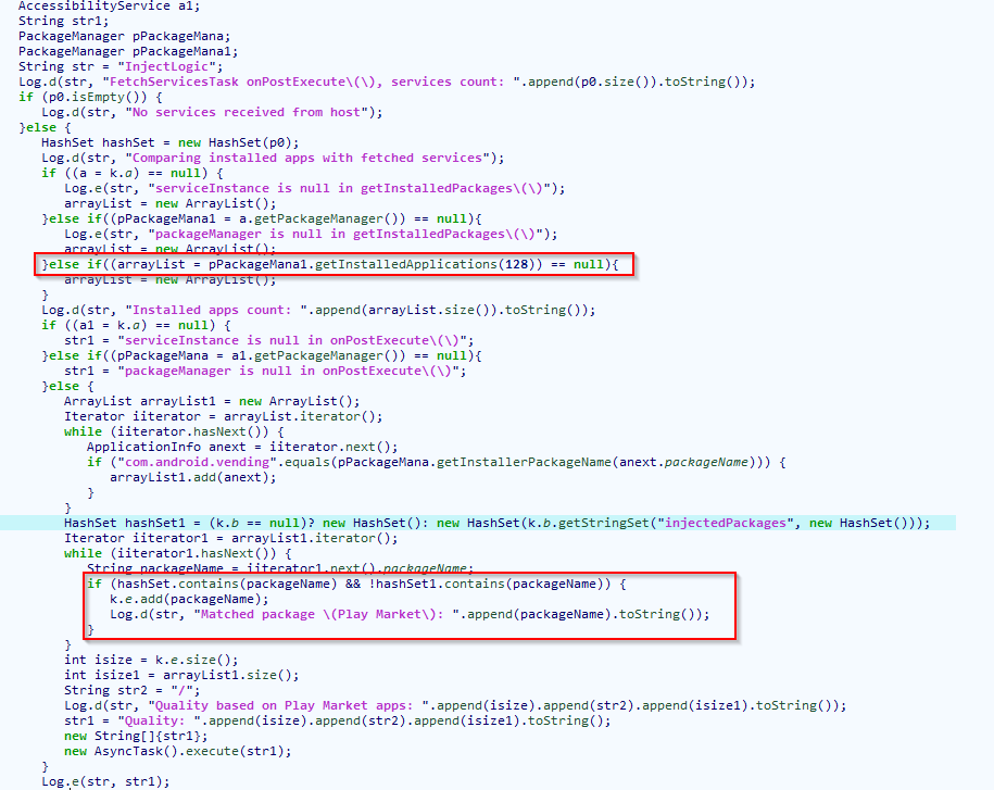 Figure 10 – Malware comparing the installed application package names with the target list received from the server