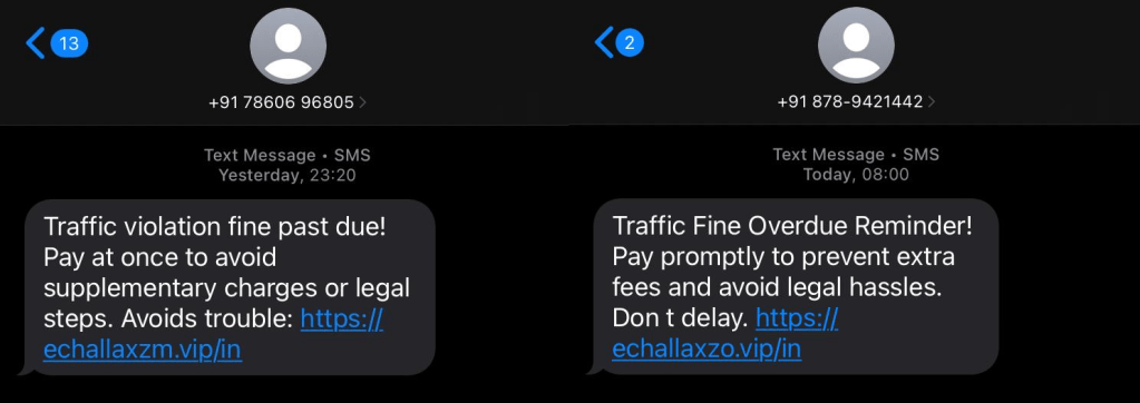 Figure 2: Fraudulent traffic violation SMS delivering a malicious e-Challan payment link

Scam

