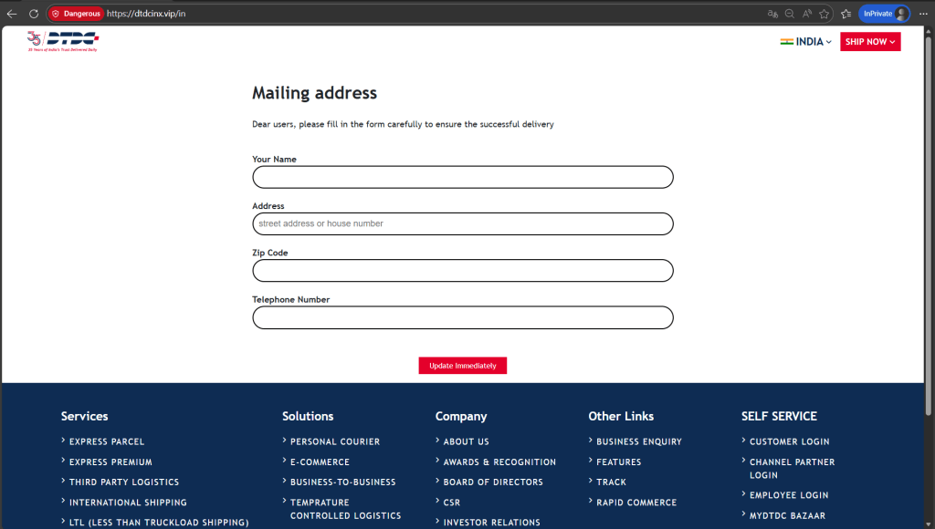 Figure 8: Fake DTDC address update page used for data harvesting