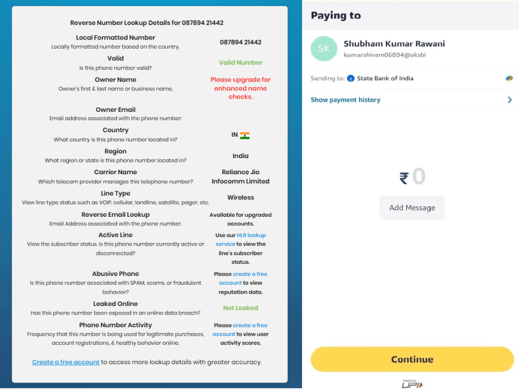 Figure 9: Phone number intelligence linked to the e-Challan phishing campaign