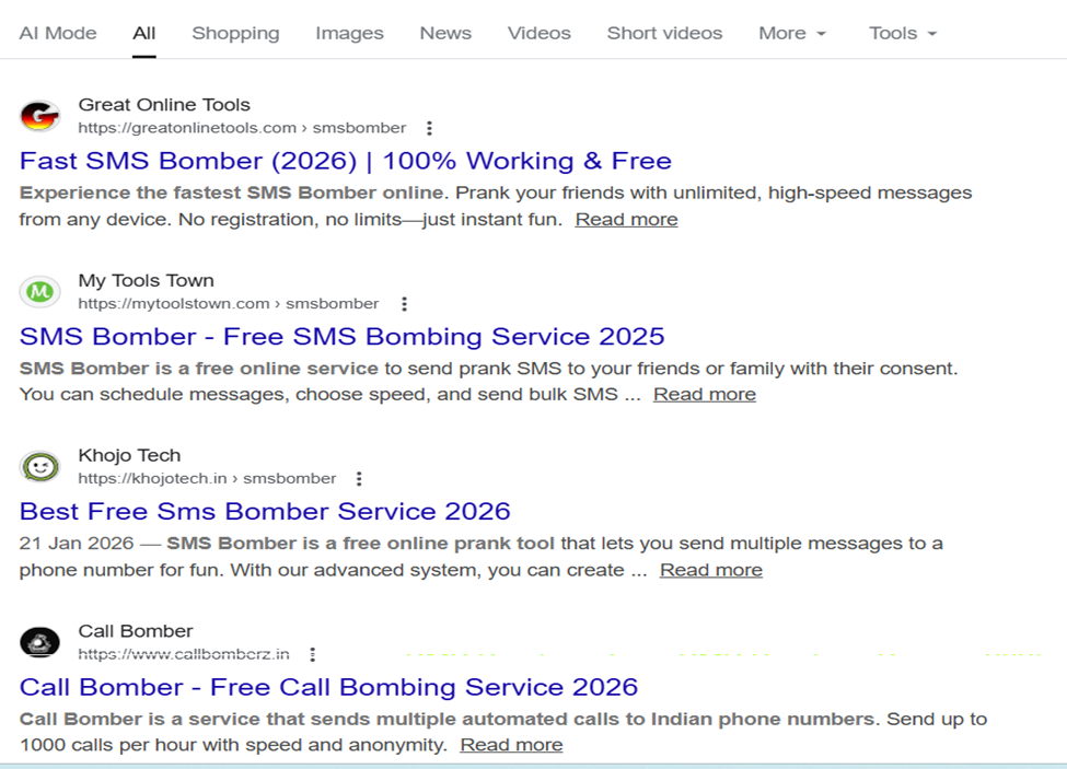 Figure 3: Web-Based SMS Bombing Services Indexed by Search Engines (Search Query: “sms bomber”)