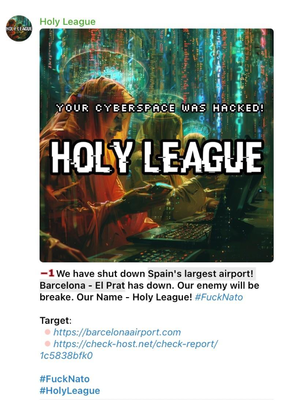 Holy League Claiming a Cyberattack on Barcelona-El Prat Airport (Source: Cyble Vision)