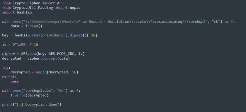 Figure 9 – AES Decryption code to decrypt the Assets files