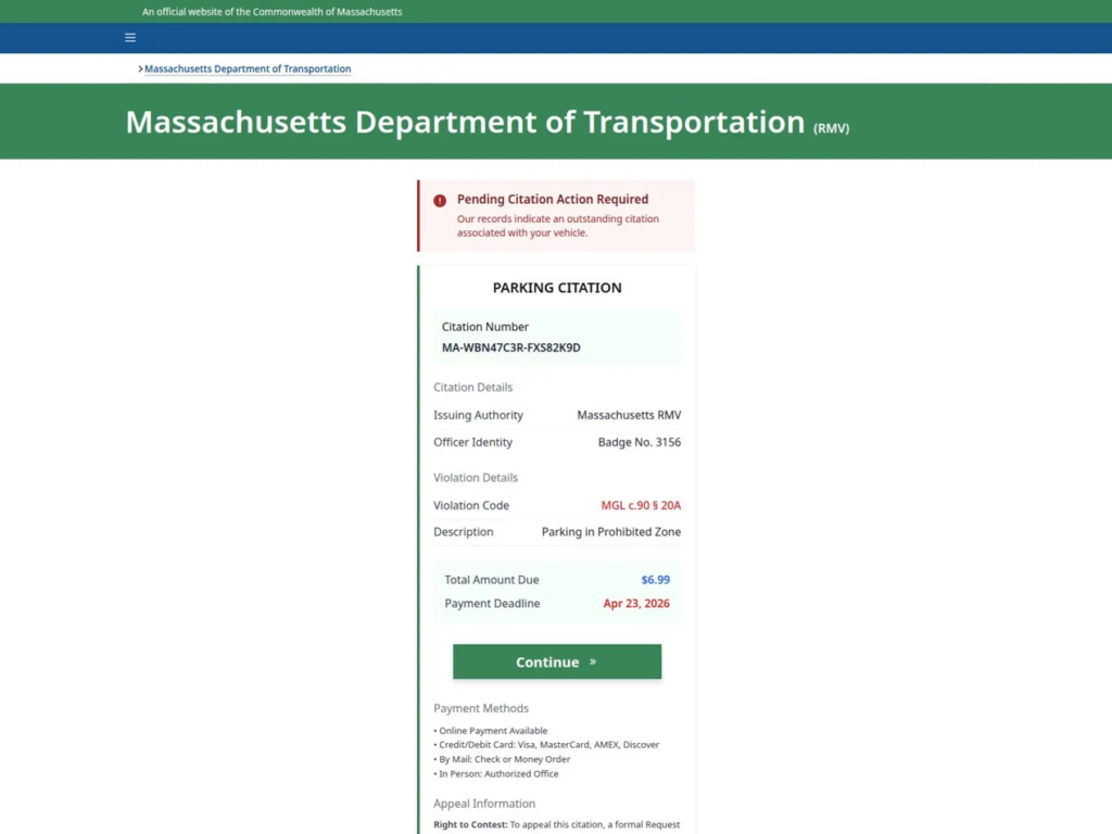 Fake Massachusetts RMV citation landing page