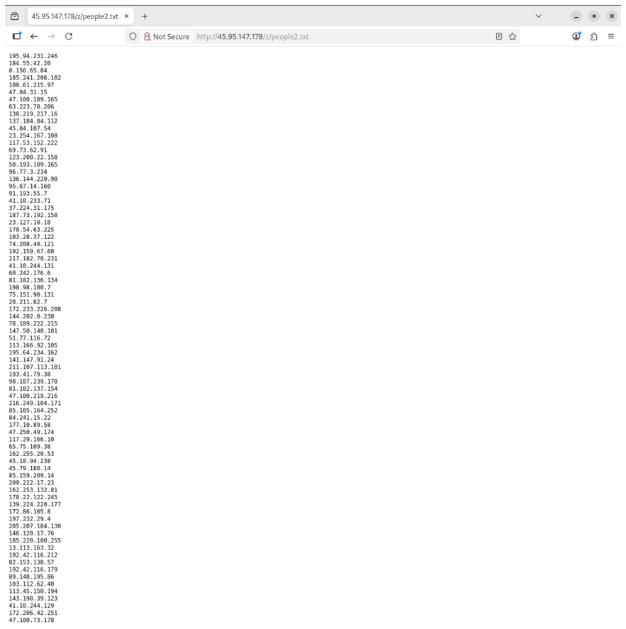 JOMANGY: INJ3CTOR3's Self-Healing FreePBX Toll Fraud Campaign 3 Figure 3 – C2-hosted IP Inventory (people2.txt)