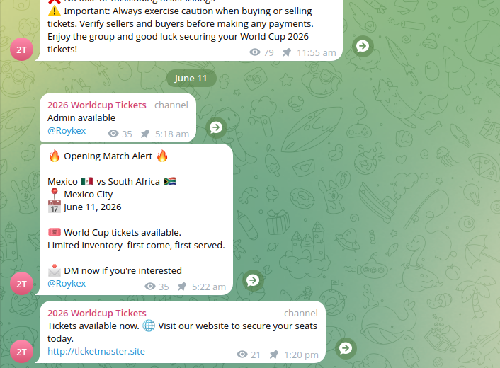 Urgency Driven Ticket Offers in Suspicious Telegram Channels