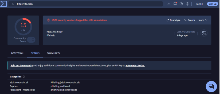 Fake FIFA 2026 domain scoring