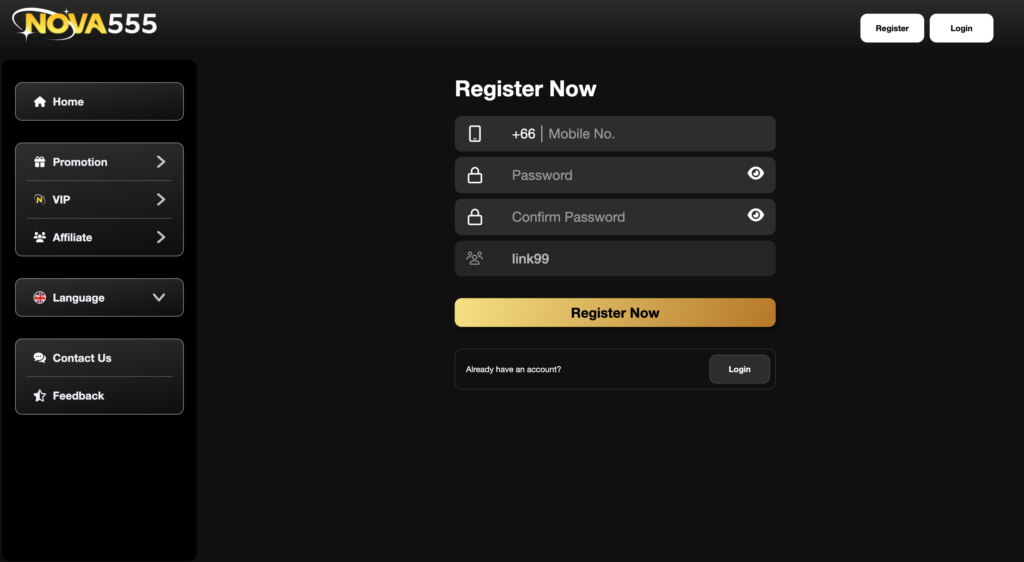 Figure 6 : Phishing page Redirected to hxxps://link99.nova555.rest/register/ with link99 as a referral code