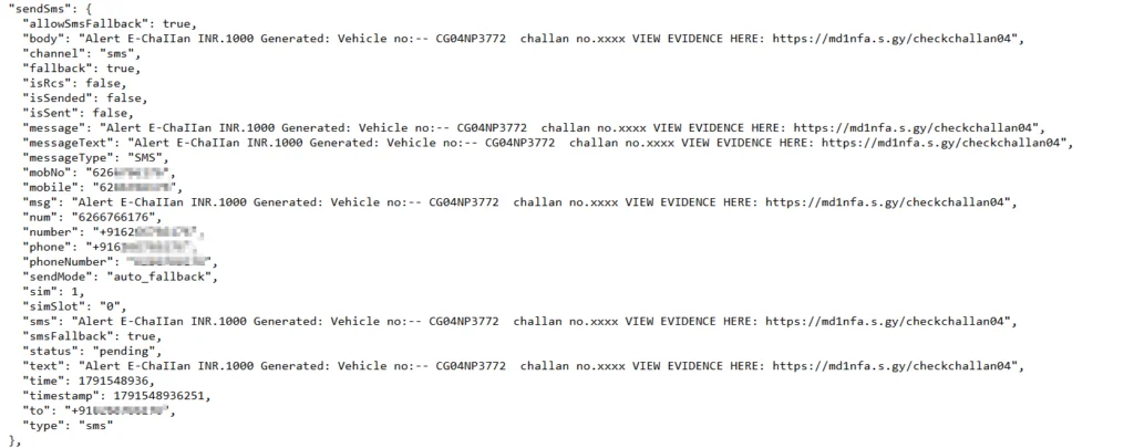 The GhostX Ecosystem: Forged in Transit, Licensed to Deceive 6 Figure 5 – Exposed SMS message configured to be sent to victims