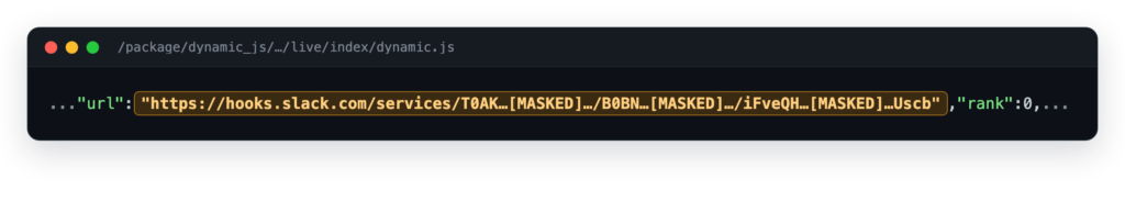 Figure 2 – One Slack webhook shared across a 13-domain fleet, in each site’s shipped bundle (secret and workspace IDs masked).
AI-built websites