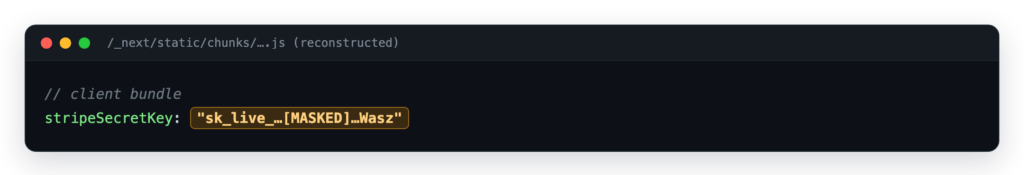 Figure 3 – The same live Stripe secret key reused across four domains under two brands.